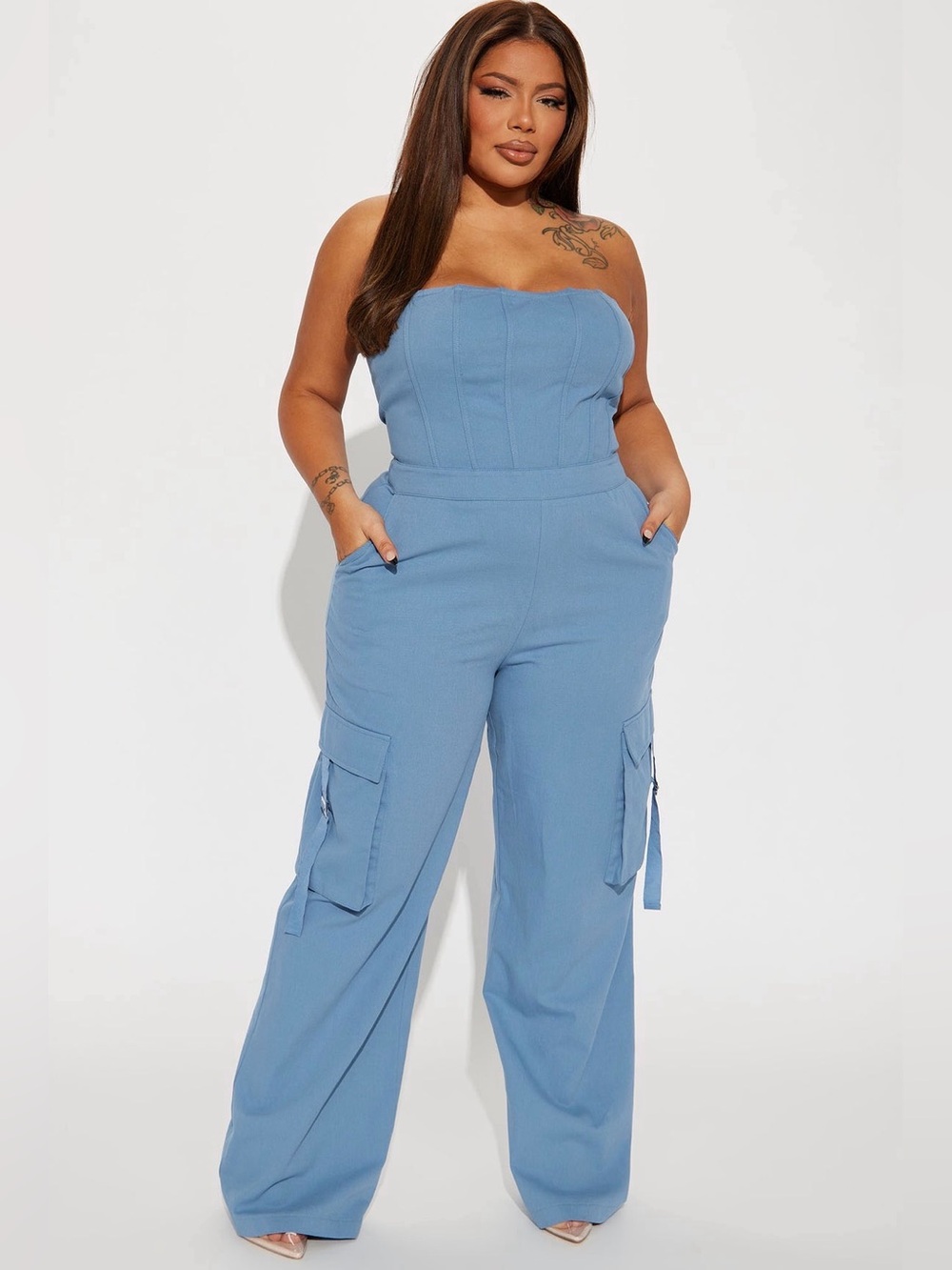 Fashion Nova Strapless Wide Leg Cargo Jumpsuit in Dusty Blue